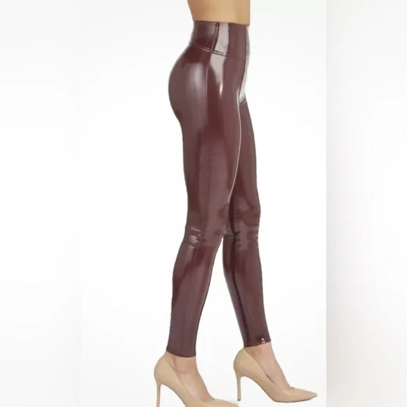 SPANX SHINY FAUX PATENT LEATHER LEGGINGS BURGUNDY/RUBY RED | Size: L - Picture 2 of 15